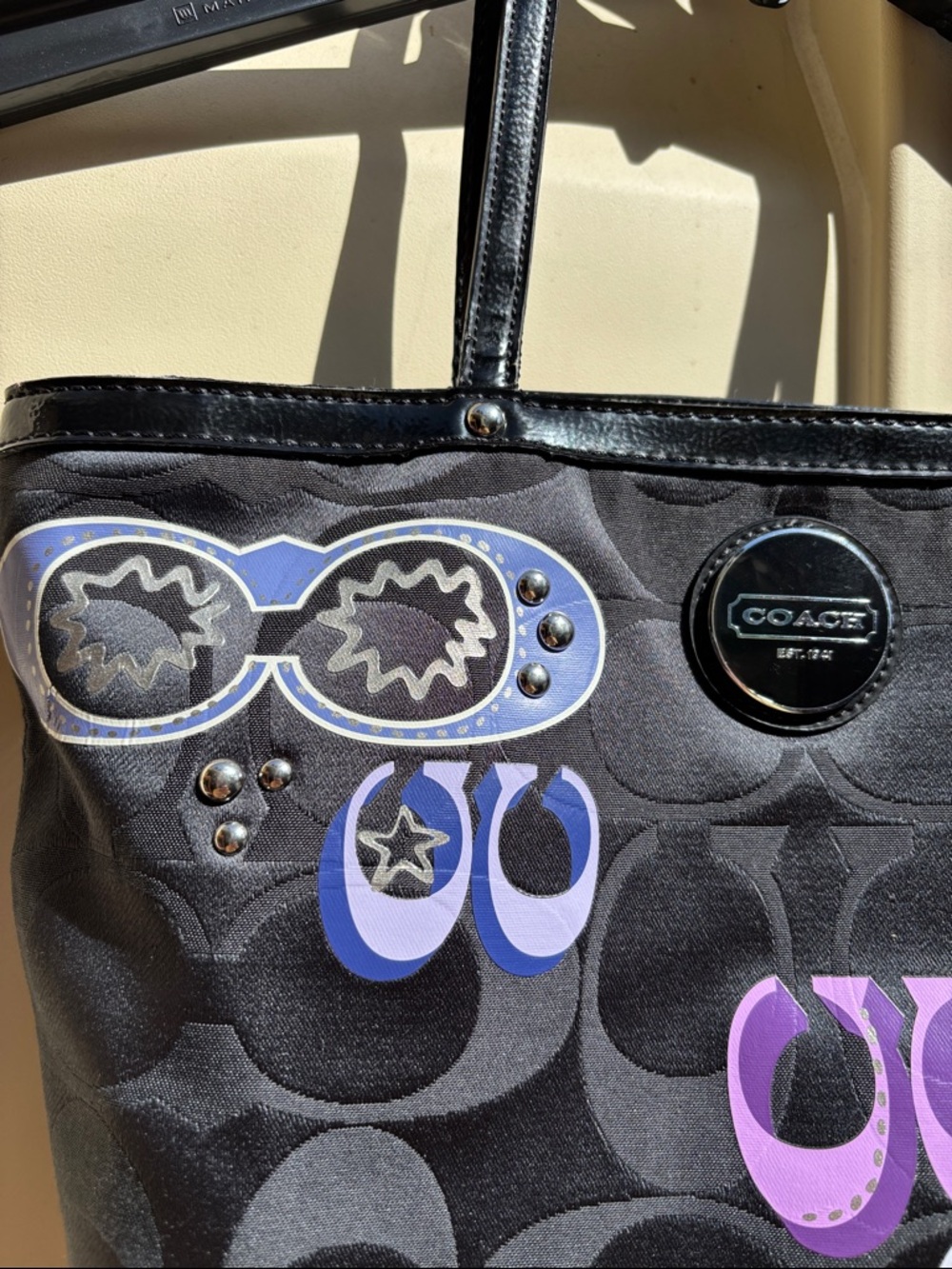 VTG Coach Daisy Pop Optic Bag black signature w purple graffiti-style accents - Picture 2 of 11